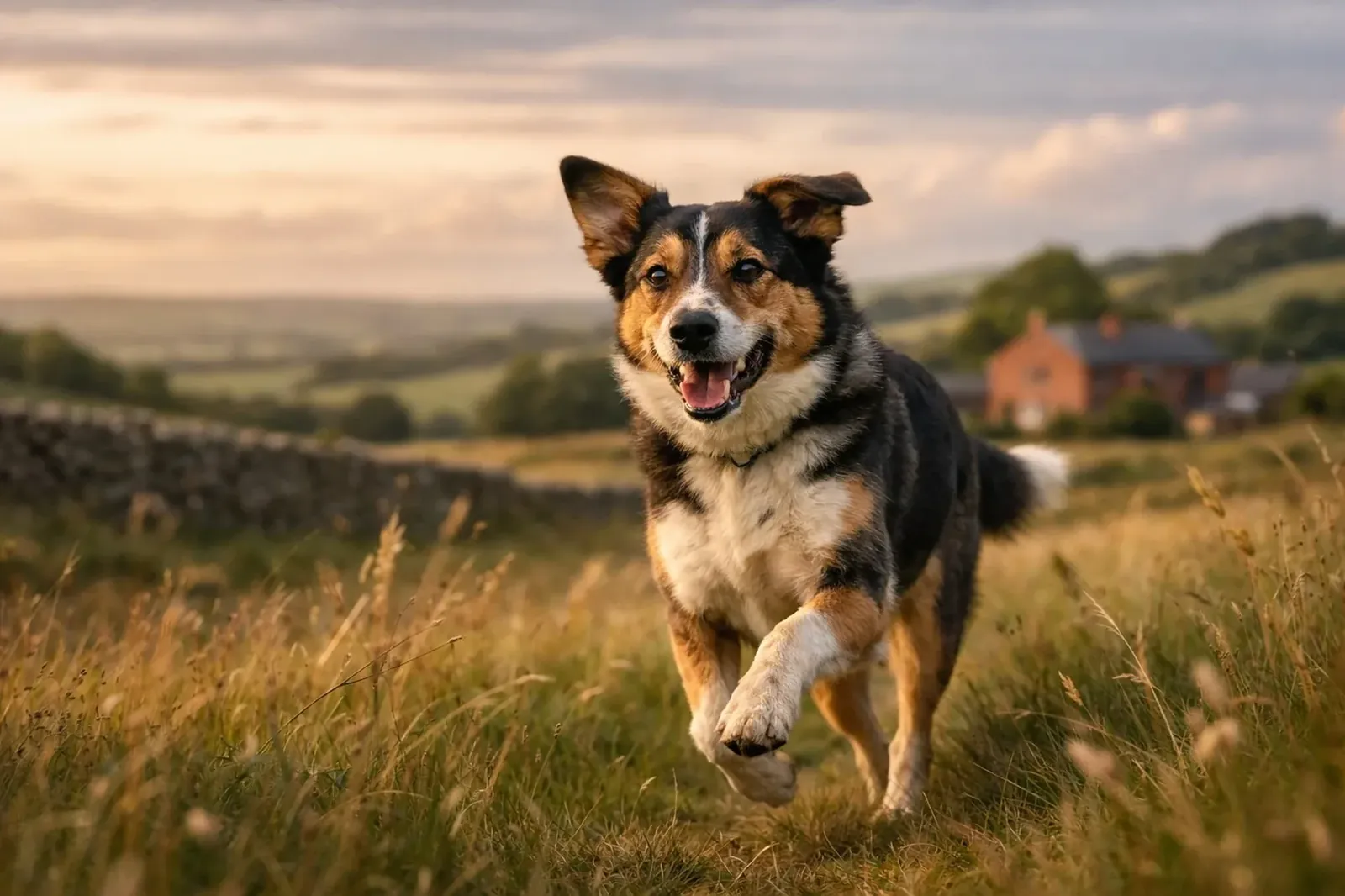 Happy adopted rescue dog running freely in UK countryside